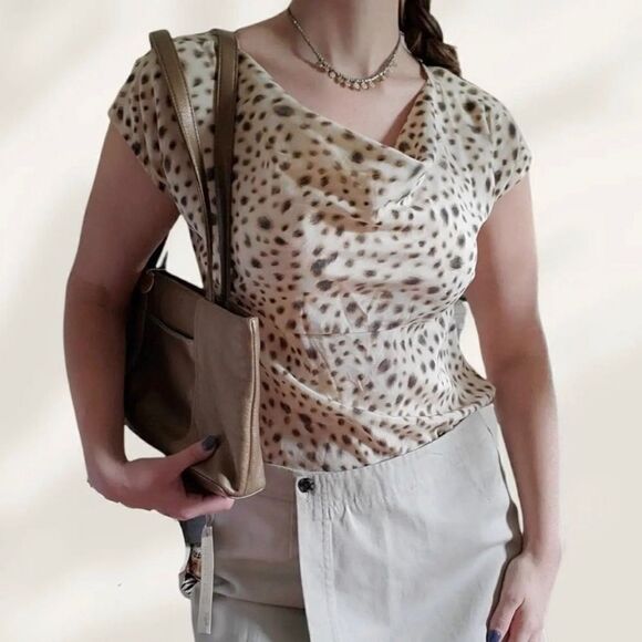 Ann Taylor Silk spandex Leopard Print Cowl Neck Short Sleeve Blouse Size 12 - Picture 16 of 16